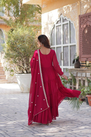 Rani Pink Premium Designer Readymade Gown with Dupatta – Elegant Embroidered Pearl Work ClothsVilla