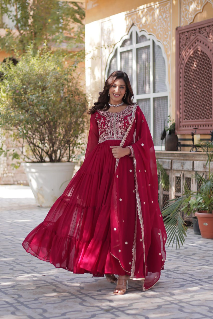 Rani Pink Premium Designer Readymade Gown with Dupatta – Elegant Embroidered Pearl Work Secondary image