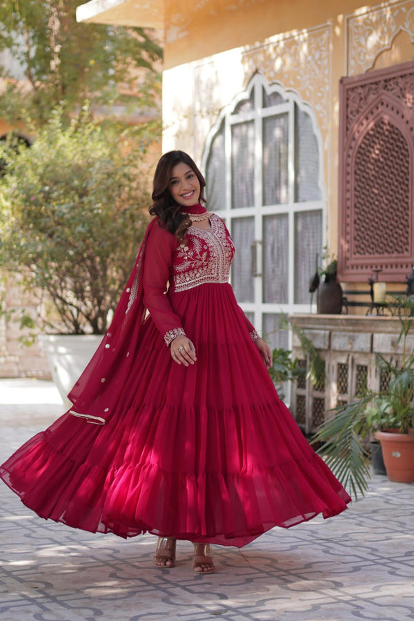 Rani Pink Premium Designer Readymade Gown with Dupatta – Elegant Embroidered Pearl Work ClothsVilla