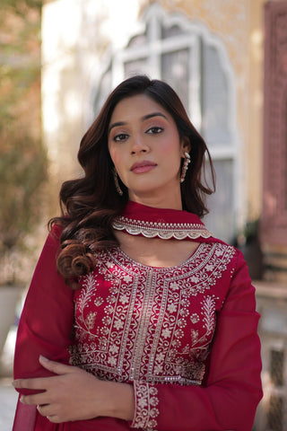Rani Pink Premium Designer Readymade Gown with Dupatta – Elegant Embroidered Pearl Work ClothsVilla