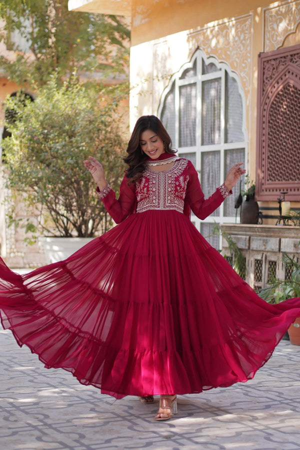 Rani Pink Premium Designer Readymade Gown with Dupatta – Elegant Embroidered Pearl Work ClothsVilla