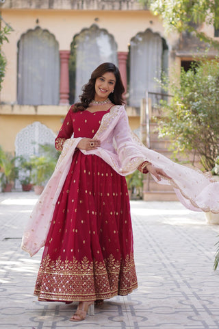 Rani Pink Premium Designer Readymade Gown with Dupatta Embroidery Zari & Sequins Work