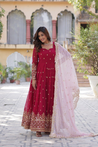 Rani Pink Premium Designer Readymade Gown with Dupatta Embroidery Zari & Sequins Work