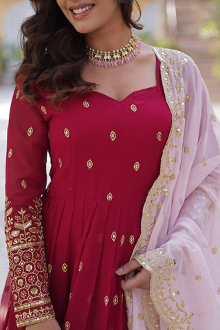 Rani Pink Premium Designer Readymade Gown with Dupatta Embroidery Zari & Sequins Work