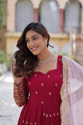 Rani Pink Premium Designer Readymade Gown with Dupatta Embroidery Zari & Sequins Work