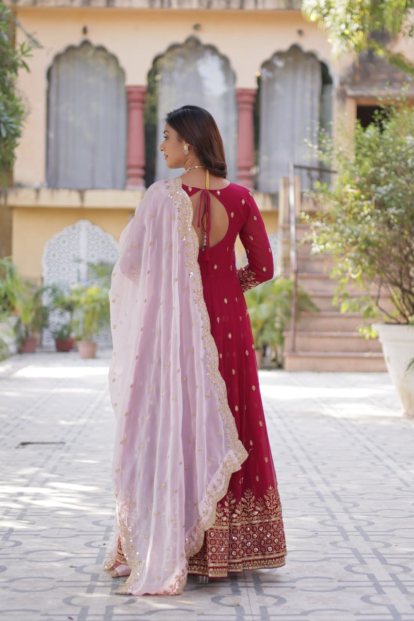 Rani Pink Premium Designer Readymade Gown with Dupatta Embroidery Zari & Sequins Work