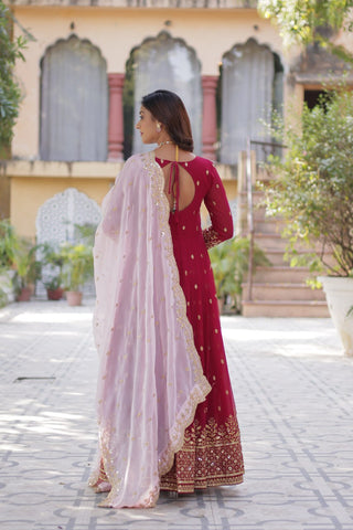 Rani Pink Premium Designer Readymade Gown with Dupatta Embroidery Zari & Sequins Work