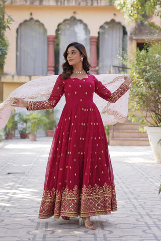 Rani Pink Premium Designer Readymade Gown with Dupatta Embroidery Zari & Sequins Work