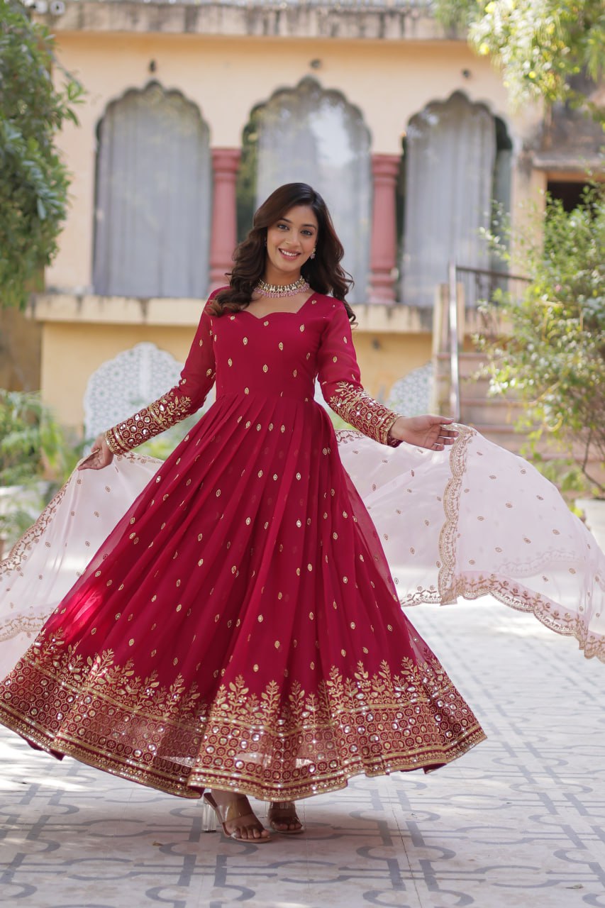 Rani Pink Premium Designer Readymade Gown with Dupatta Embroidery Zari & Sequins Work