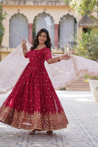 Rani Pink Premium Designer Readymade Gown with Dupatta Embroidery Zari & Sequins Work