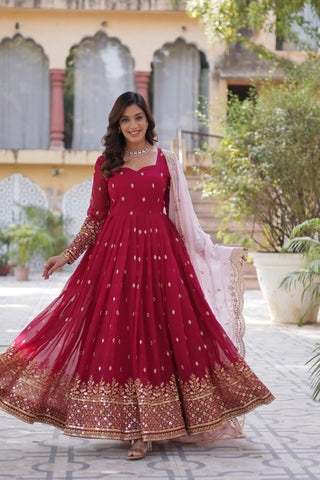 Rani Pink Premium Designer Readymade Gown with Dupatta Embroidery Zari & Sequins Work