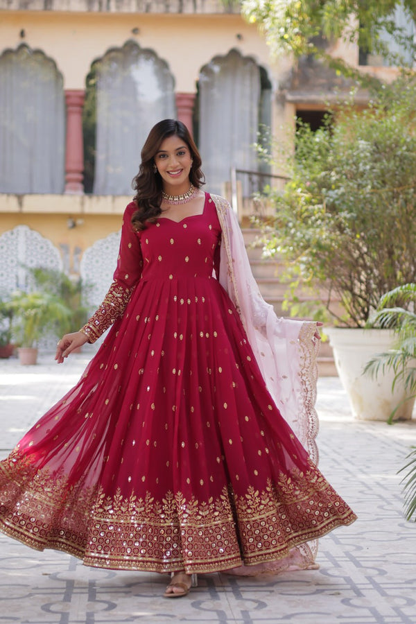 Rani Pink Premium Designer Readymade Gown with Dupatta Embroidery Zari & Sequins Work