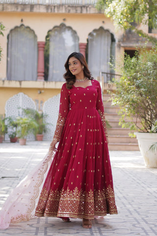 Rani Pink Premium Designer Readymade Gown with Dupatta Embroidery Zari & Sequins Work