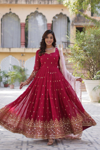Rani Pink Premium Designer Readymade Gown with Dupatta Embroidery Zari & Sequins Work