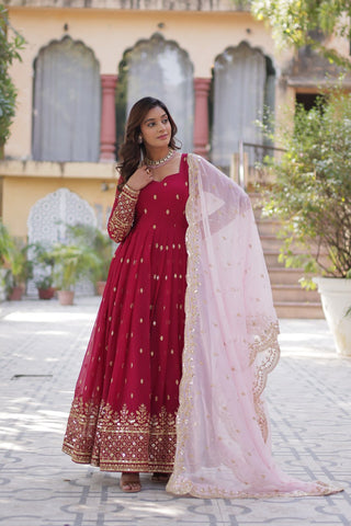 Rani Pink Premium Designer Readymade Gown with Dupatta Embroidery Zari & Sequins Work