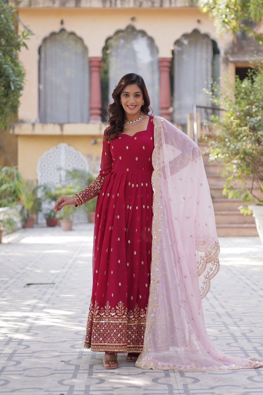 Rani Pink Premium Designer Readymade Gown with Dupatta Embroidery Zari & Sequins Work