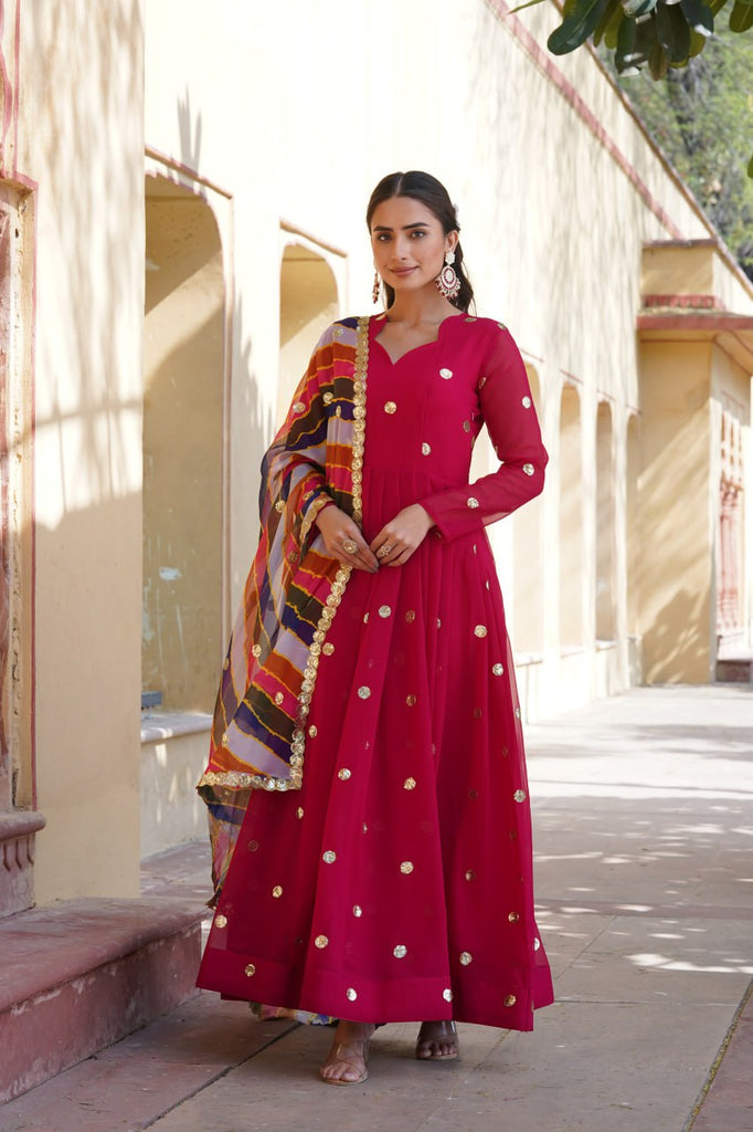 Rani Pink Premium Designer Readymade Gown with Embroidered Zari & Sequins ClothsVilla