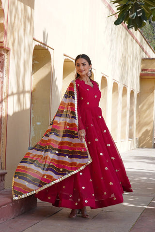 Rani Pink Premium Designer Readymade Gown with Embroidered Zari & Sequins ClothsVilla