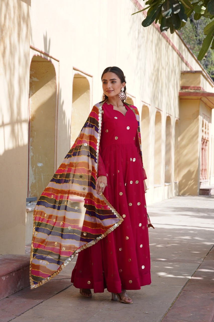Rani Pink Premium Designer Readymade Gown with Embroidered Zari & Sequins ClothsVilla