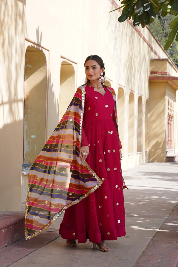 Rani Pink Premium Designer Readymade Gown with Embroidered Zari & Sequins ClothsVilla