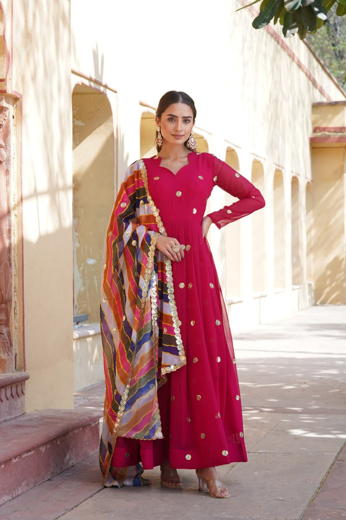 Rani Pink Premium Designer Readymade Gown with Embroidered Zari & Sequins ClothsVilla