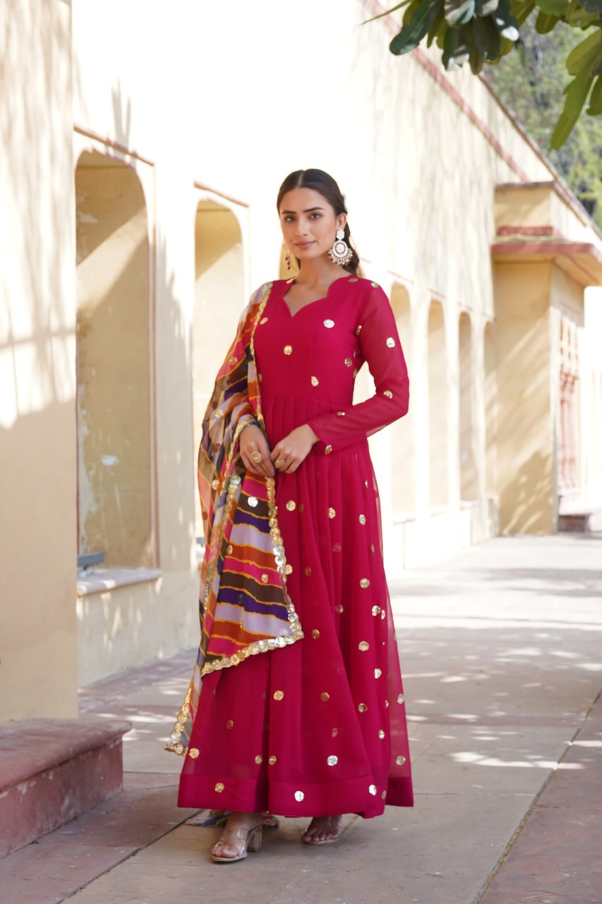 Rani Pink Premium Designer Readymade Gown with Embroidered Zari & Sequins ClothsVilla