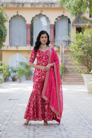 Rani Pink Premium Designer Readymade Top-Sharara-Dupatta Collection