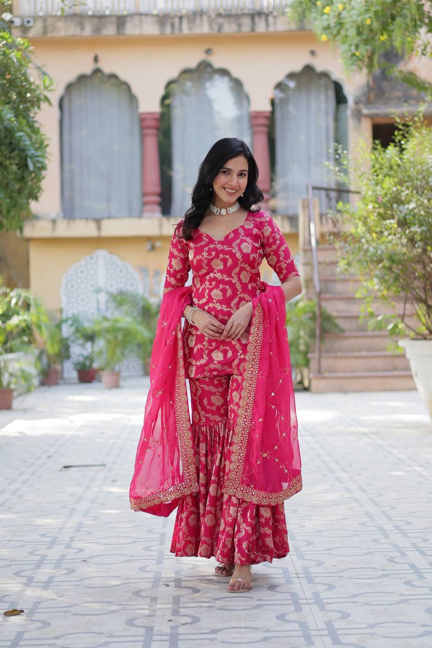 Rani Pink Premium Designer Readymade Top-Sharara-Dupatta Collection