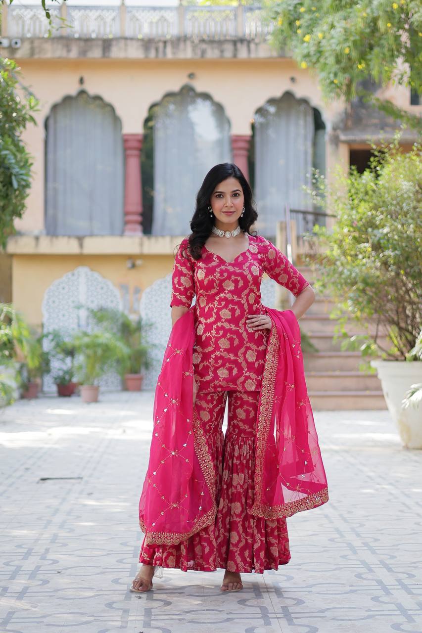 Rani Pink Premium Designer Readymade Top-Sharara-Dupatta Collection
