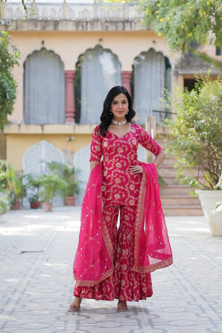 Rani Pink Premium Designer Readymade Top-Sharara-Dupatta Collection