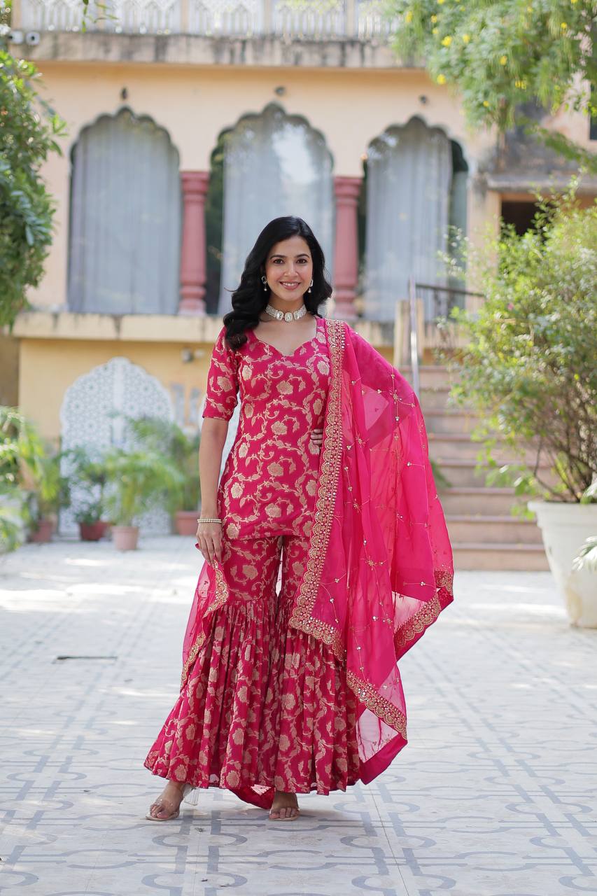 Rani Pink Premium Designer Readymade Top-Sharara-Dupatta Collection