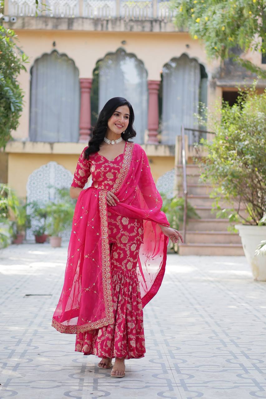 Rani Pink Premium Designer Readymade Top-Sharara-Dupatta Collection