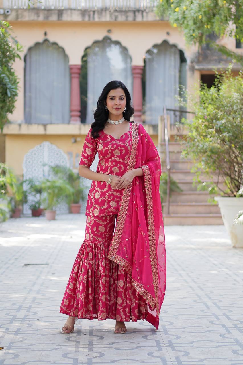 Rani Pink Premium Designer Readymade Top-Sharara-Dupatta Collection