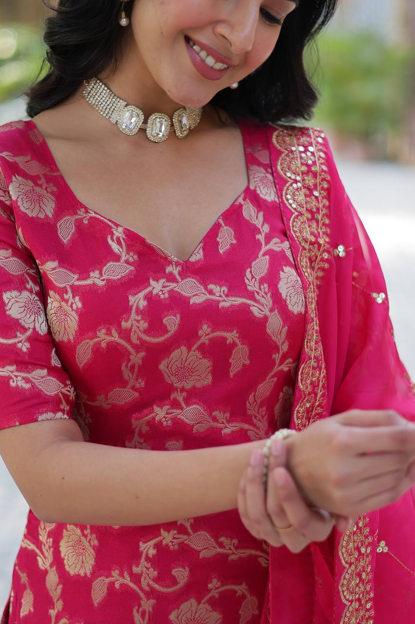 Rani Pink Premium Designer Readymade Top-Sharara-Dupatta Collection