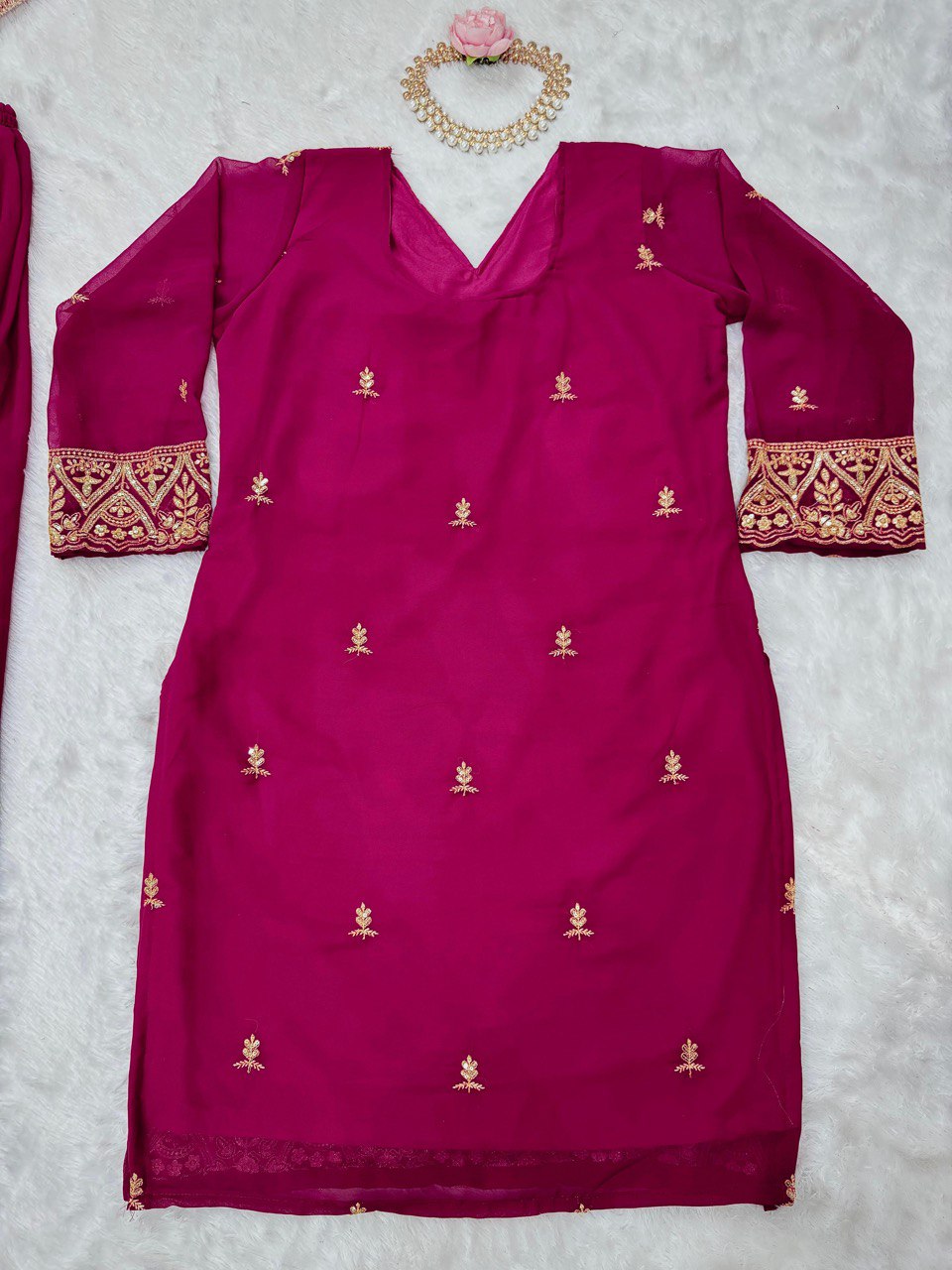 Rani Pink Premium Faux Georgette Embroidered Set with Plazo & Dupatta