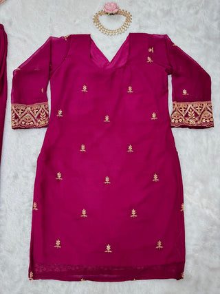 Rani Pink Premium Faux Georgette Embroidered Set with Plazo & Dupatta