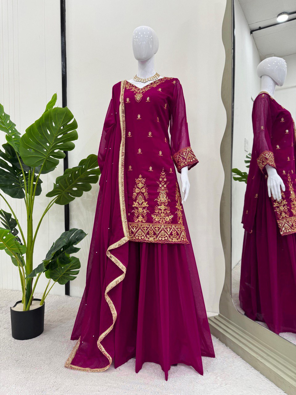 Rani Pink Premium Faux Georgette Embroidered Set with Plazo & Dupatta