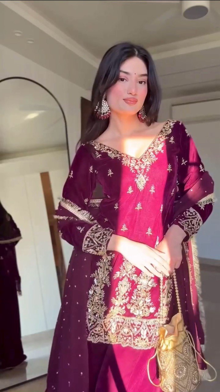 Rani Pink Premium Faux Georgette Embroidered Set with Plazo & Dupatta Main image