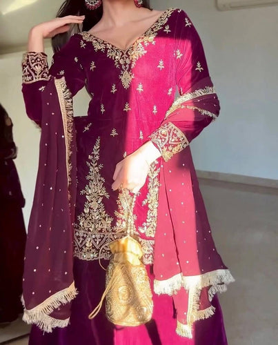 Rani Pink Premium Faux Georgette Embroidered Set with Plazo & Dupatta