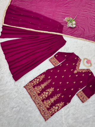 Rani Pink Premium Faux Georgette Embroidered Set with Plazo & Dupatta