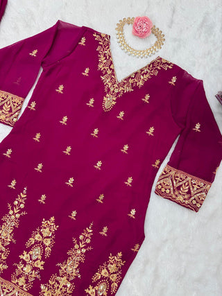 Rani Pink Premium Faux Georgette Embroidered Set with Plazo & Dupatta