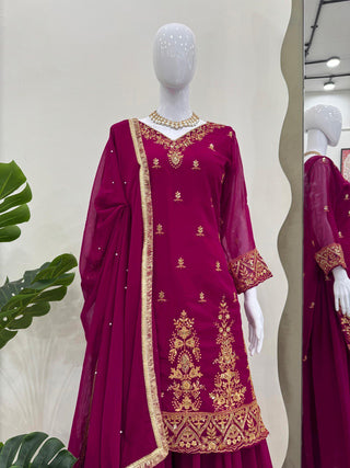 Rani Pink Premium Faux Georgette Embroidered Set with Plazo & Dupatta