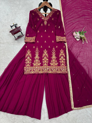 Rani Pink Premium Faux Georgette Embroidered Set with Plazo & Dupatta