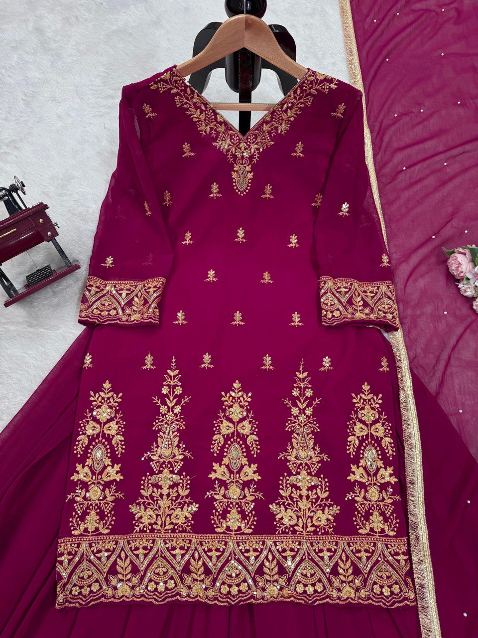 Rani Pink Premium Faux Georgette Embroidered Set with Plazo & Dupatta