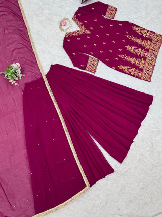 Rani Pink Premium Faux Georgette Embroidered Set with Plazo & Dupatta