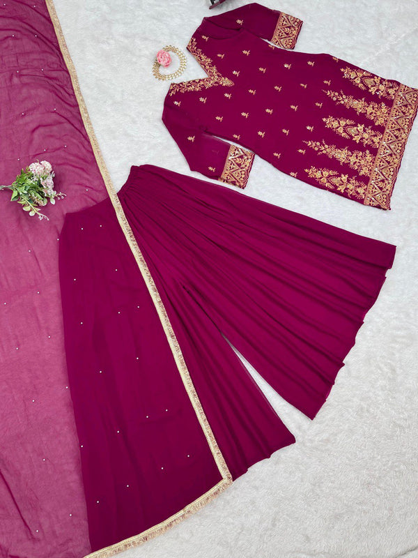 Rani Pink Premium Faux Georgette Embroidered Set with Plazo & Dupatta