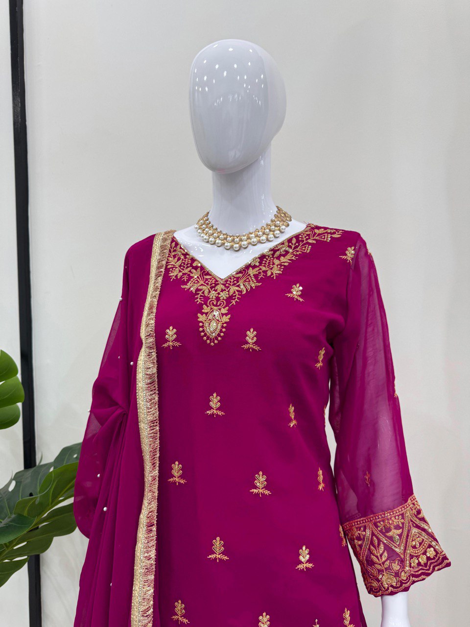 Rani Pink Premium Faux Georgette Embroidered Set with Plazo & Dupatta