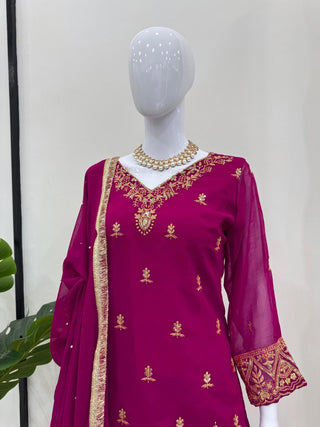 Rani Pink Premium Faux Georgette Embroidered Set with Plazo & Dupatta