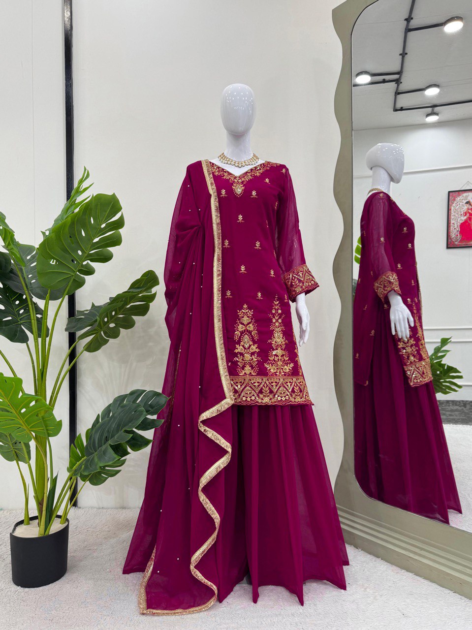 Rani Pink Premium Faux Georgette Embroidered Set with Plazo & Dupatta