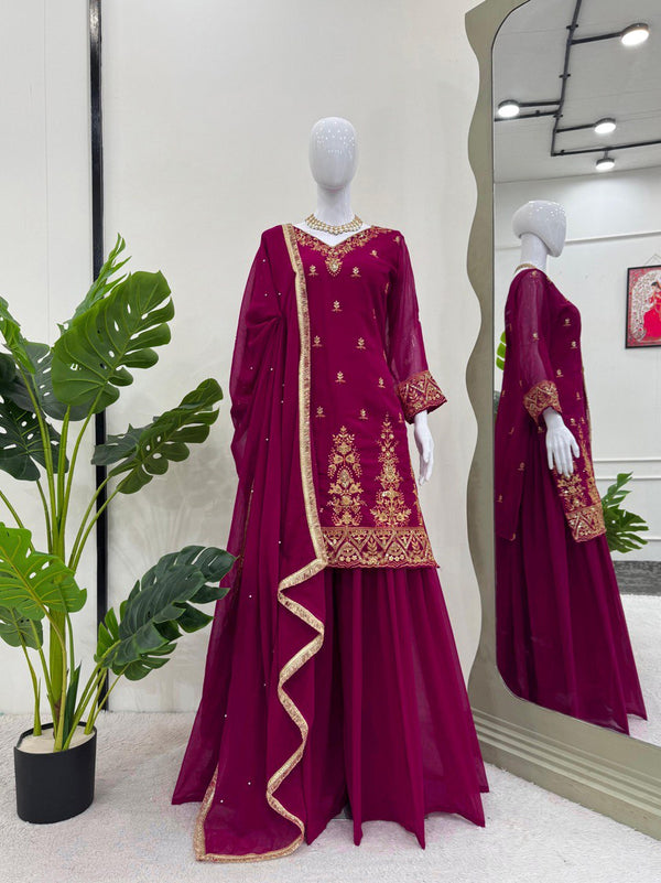 Rani Pink Premium Faux Georgette Embroidered Set with Plazo & Dupatta
